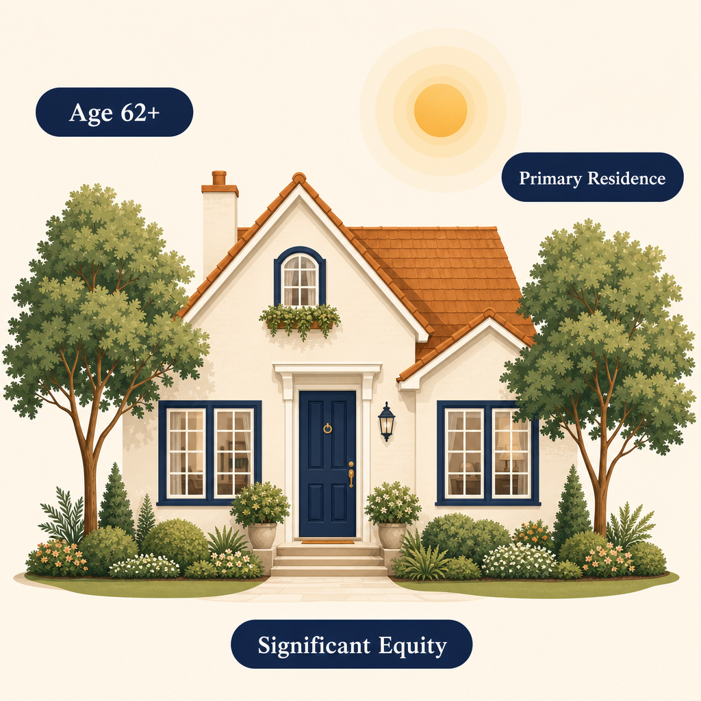 Illustration of a single-family home with warm lighting, representing a homeowner aged 62+ exploring reverse mortgage refinance options